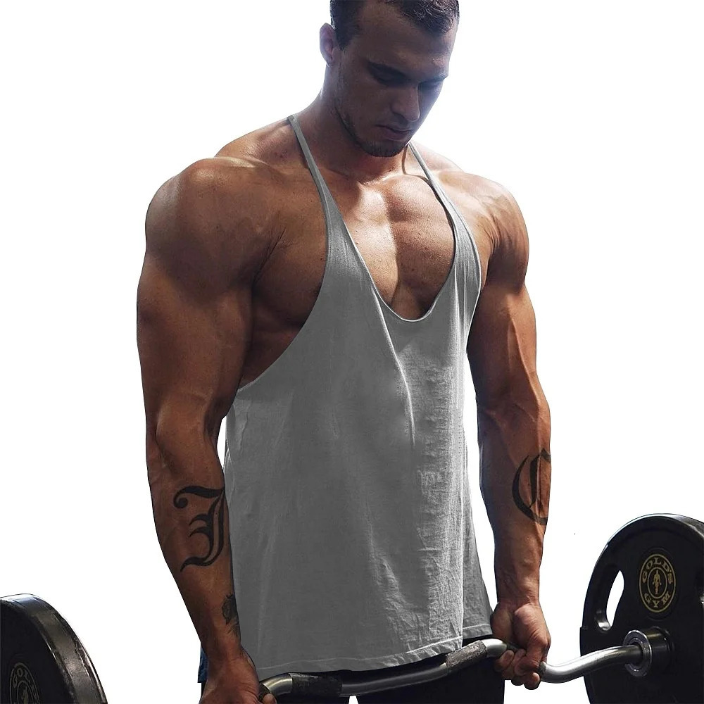 Mens Gym Workout Bodybuilding Cotton Tank Tops Y Back Fitness Thin Shoulder Strap Muscle Fit Stringer Sleeveless Shirt 240321