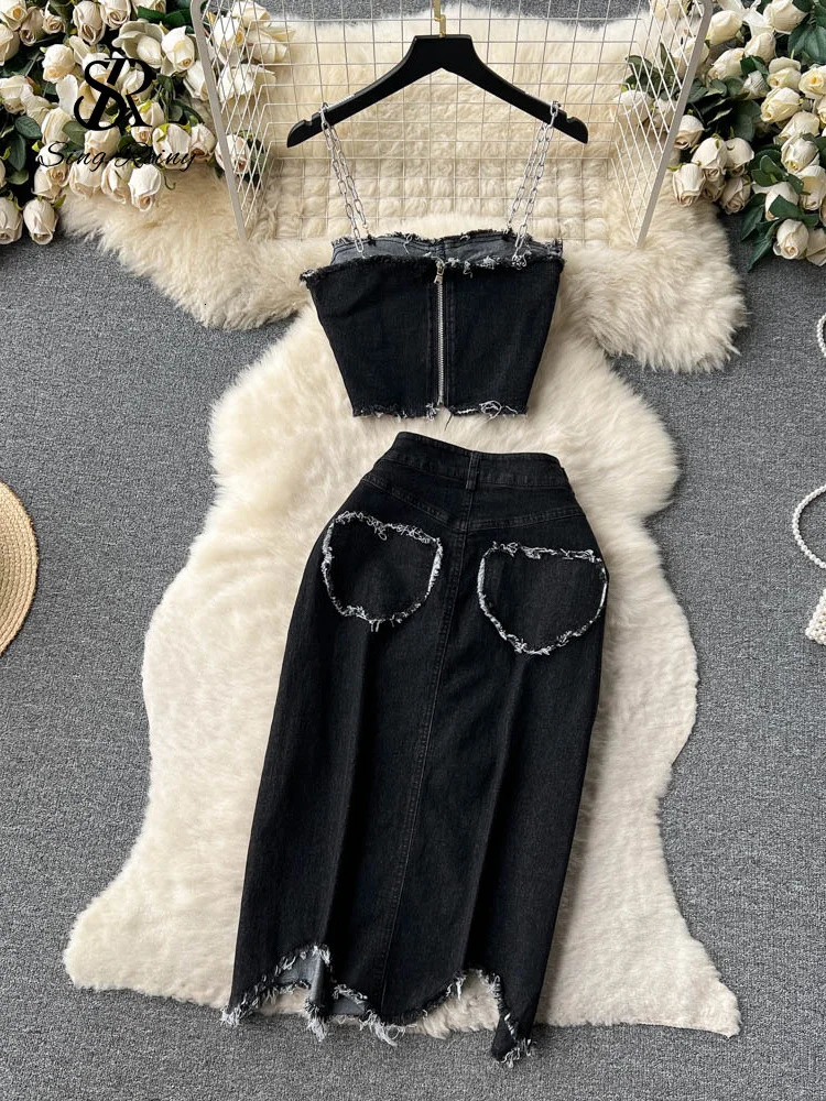 SINGREINY Streetwear Cool Y2K Sexy Denim Suit Strap Short Tank Top Split Bodycon Skirt Fashion sweet Two Pieces Sets 240315