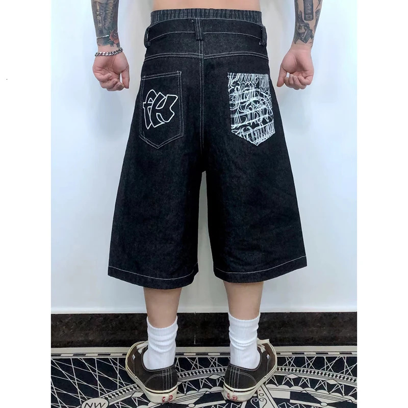 Hip Hop Pockets Embroidery Letter Print Jeans Shorts for Men Summer Retro Oversized Wide Leg Denim Knee Lenght Pants 240409