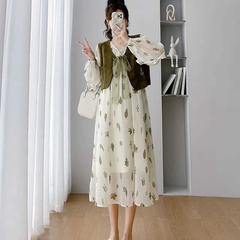 Maternity Dresses Pregnant Womens Chiffon Dress Summer and Autumn Pregnant Womens Dress Printed Flower Dress+Tank Top 2PCS Fashion Pregnant Womens Dre