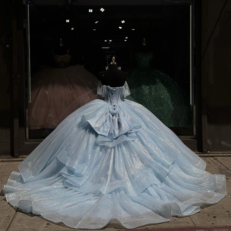 2025 Sky Blue Shiny Quinceanera Dresses Birthday Off Shoulder Formal Ball Gown Beading Tull Party Dresses Vestido De 15 Anos