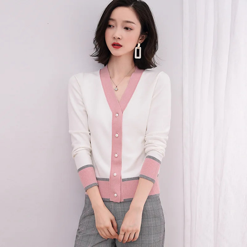 Knitted Cardigan Sweater Spring Women Contrast Color V Neck Long Sleeve Sweater Fashion Cardigan for Female Jumper Outwear 240326