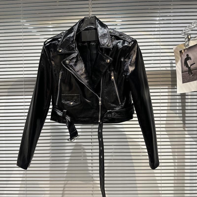 Girls leather jacket 2024 autumn new internet PU leather motorcycle jacket with glossy patent leather short jacket trend 230324