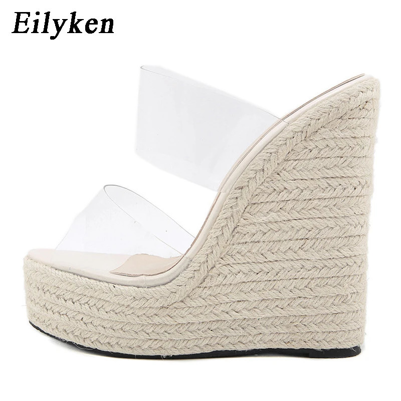 Eilyken Summer PVC Transparent Peep Toe Cane Straw Weave Slippers Platform Wedges Sandals Women Fashion High Heels Female Shoes 240329