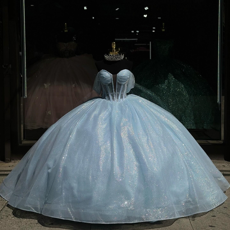 2025 Sky Blue Shiny Quinceanera Dresses Birthday Off Shoulder Formal Ball Gown Beading Tull Party Dresses Vestido De 15 Anos