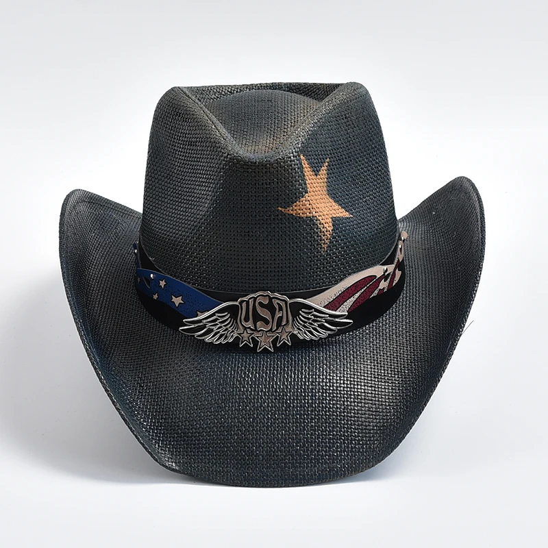 Vintage Straw Cowboy Hat Men's Gentlemen's Western Cowboy Hat Summer Beach Sun Hat Cowgirl Jazz Hat Sombrero Hombre