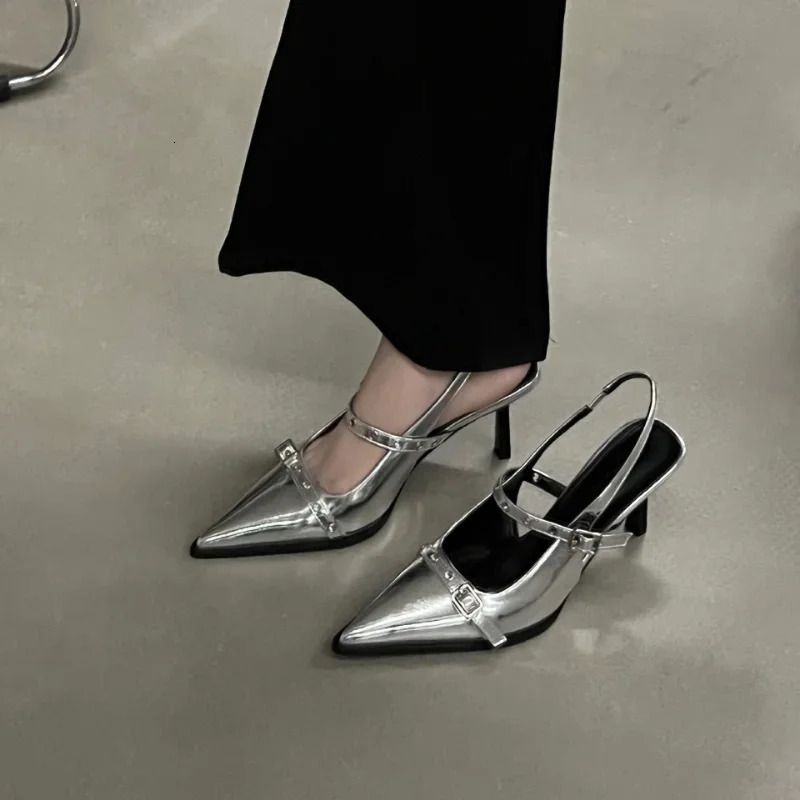 Rivet Fashion Women Shoes 2023Summer Pointed Thin Heel Sandals Elegant Low Heels Dress High 240320