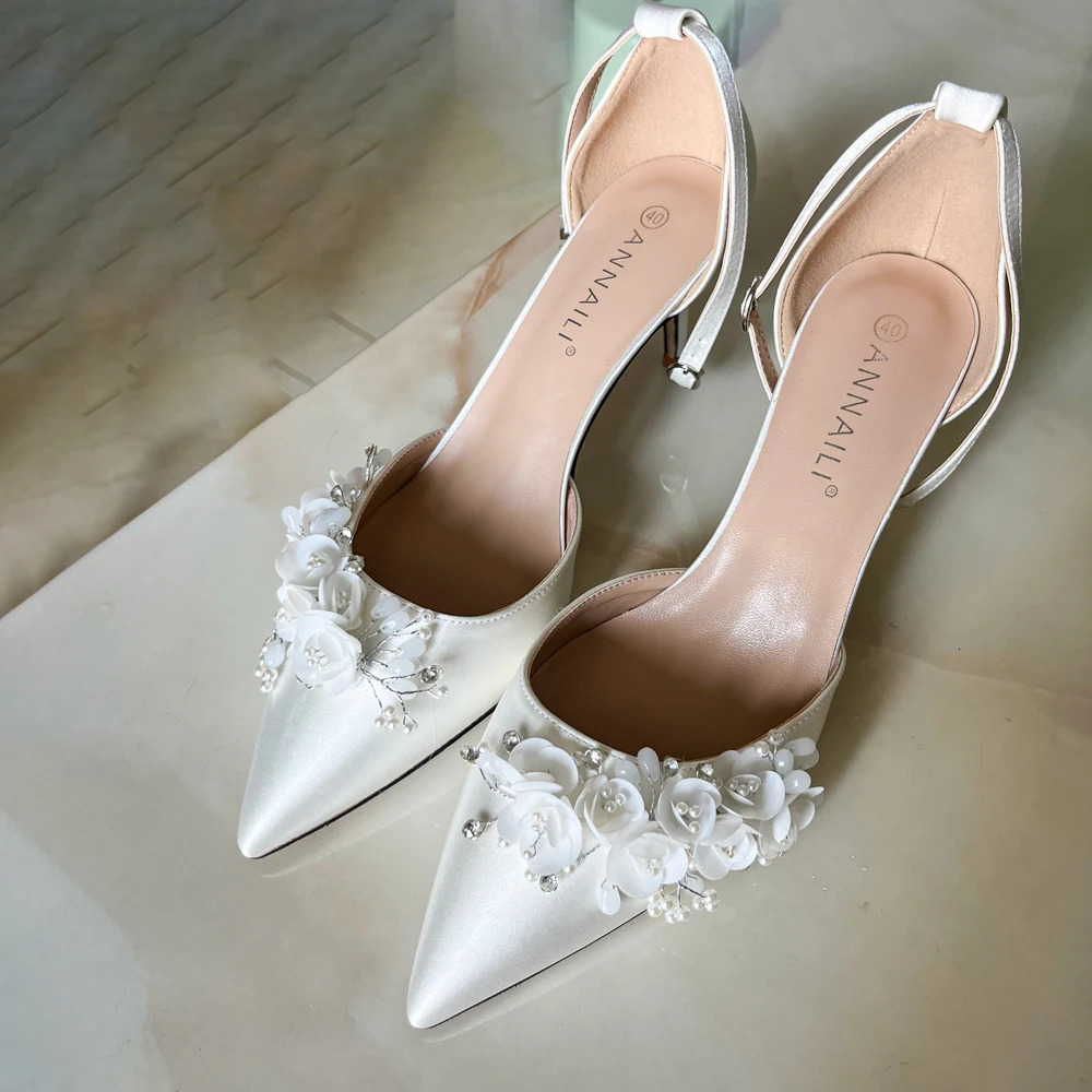 Bride Sandals White Satin Flowers 7cm Thin High Heels Customize Flats 3cm 5cm 9cm Pointed Wedding Party Dress Women Shoes 240329