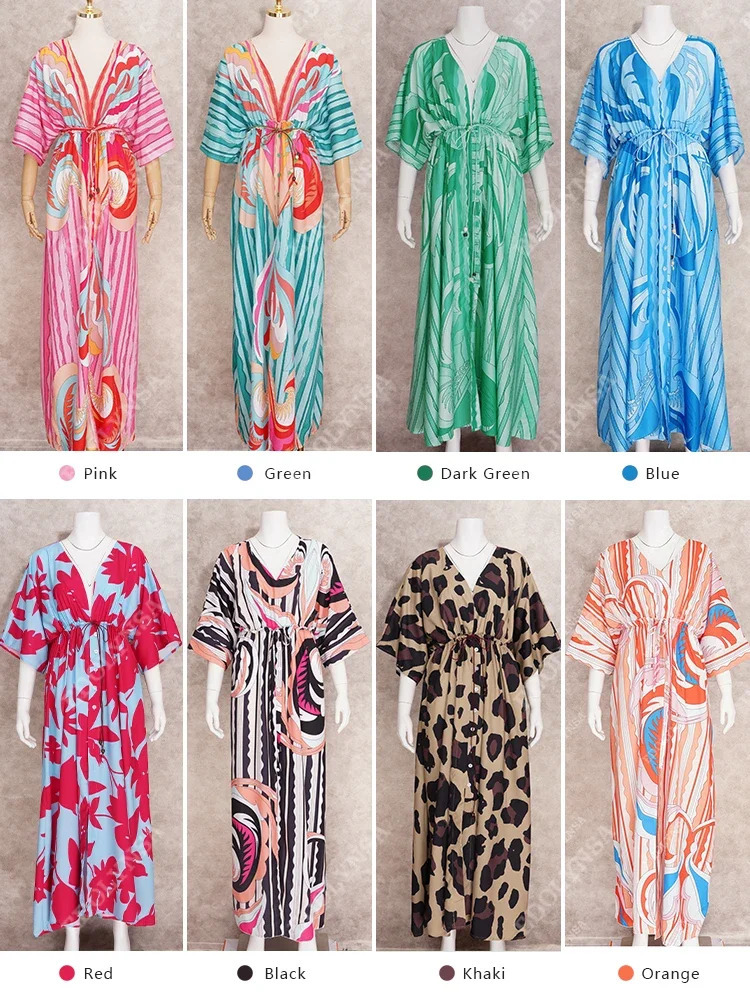 Bikini Cover-ups Boho Print Long Dress Self Belted Sexy Beach Tunic Summer Women Beach Wear Swim Suit Cover Up A932 240315