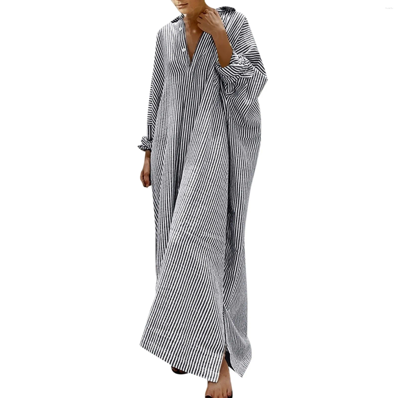 Casual Dresses Summer Striped Print Shirt Dress Long Sleeve Cotton Temperament Commuter Loose Maxi For Women Elegant