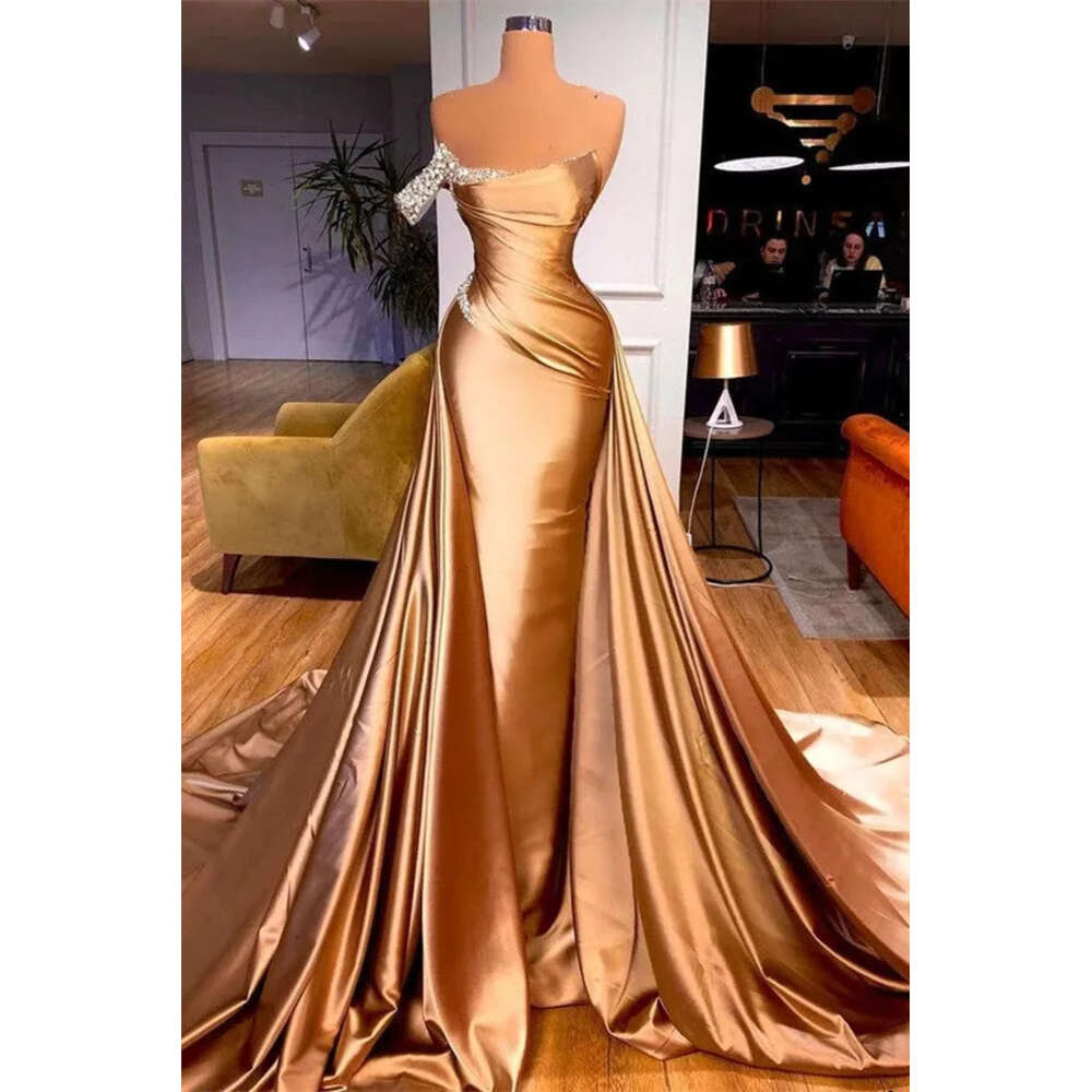Chic Champagne Gold One Shoulder Evening Dresses Sexy Backless Crystal Pleats Mermaid Prom Dress With Detachable Train BC