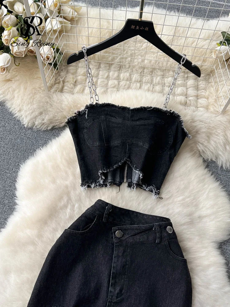 SINGREINY Streetwear Cool Y2K Sexy Denim Suit Strap Short Tank Top Split Bodycon Skirt Fashion sweet Two Pieces Sets 240315