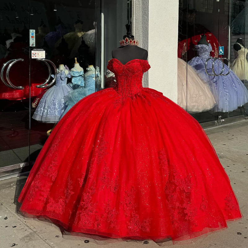 2025 Shinny Quinceanera Ball Gown Off The Shoulder Quince Dresses Princess Formal Gowns With Beading Pearls Appliques Lace