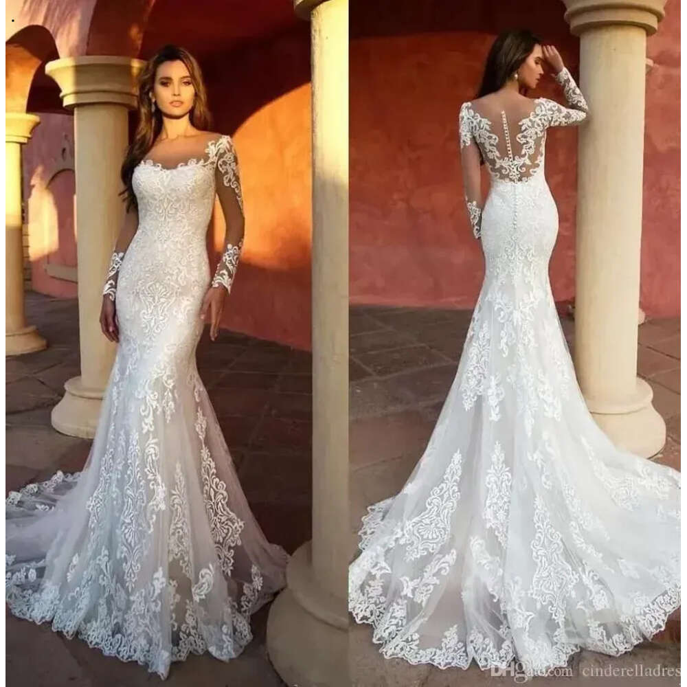 Mermaid Modern Dresses D Appliqued Lace Sheer Neck Long Sleeve Bridal Gowns Illusion Wedding Dress Robe De ress e