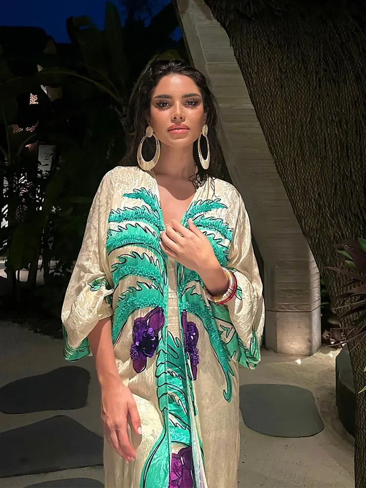 Bat Sleeve Tassel Printed Splicing Maxi Dress Women Elegant Square Collar Lantern Sleeves Dresses Female Beach Vacation Vestidos 240318wtt