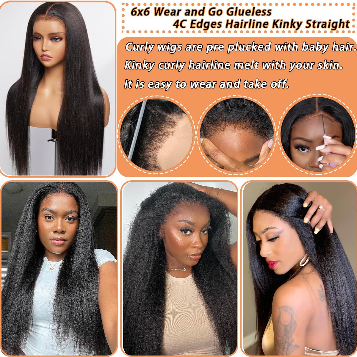 6x6 HD invisible Lace Closure Wigs human hair 4C Kinky Curly Edges Hairline Wear and Go Glueless Wig Kinky Straight Lace Front Wigs perruque bob 20 in