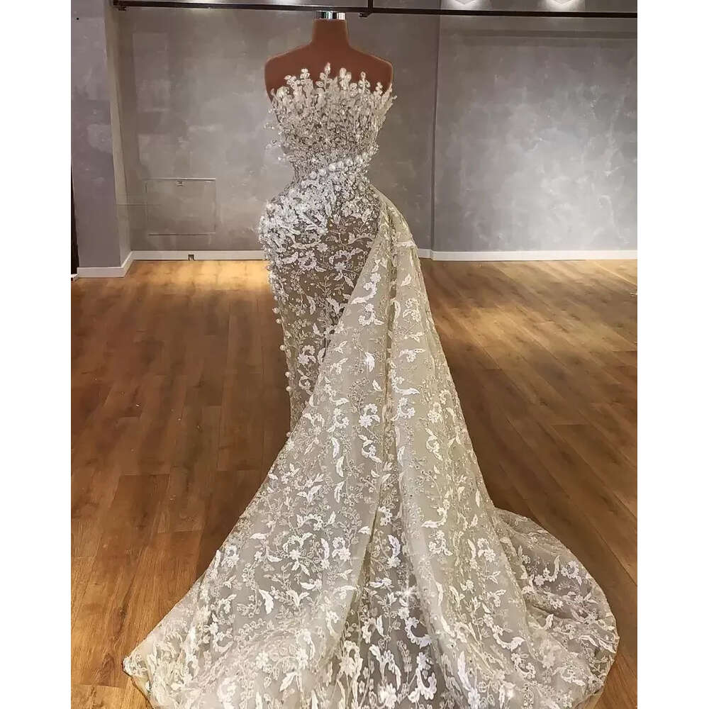 Gorgeous Pearls Mermaid Wedding Dresses Bride Gowns With Detachable Train African Nigerian Strapless Lace Beaded Applique Custom Made