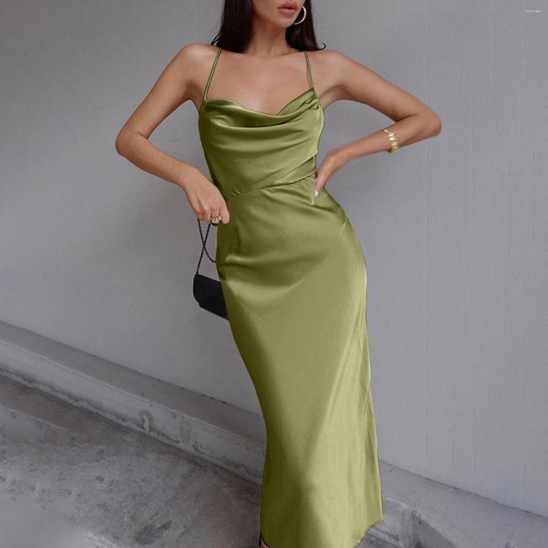Casual Dresses Green Sexy Satin Prom Dress For Women Summer Fashion Elegant Swing Neck Pleated Wrap Party Sheath Wedding Guest