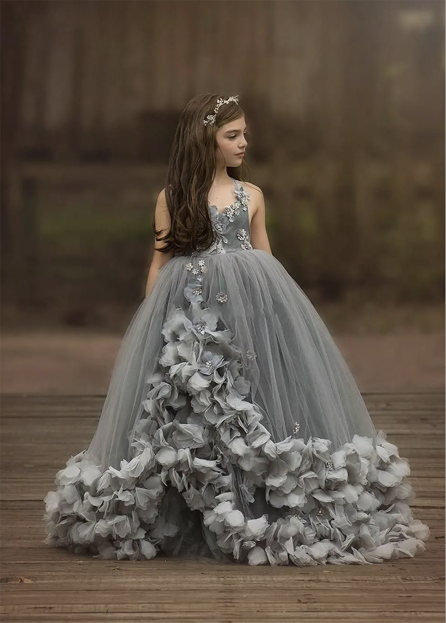 Gown Gray Ball Pageant Dresses Spaghetti Straps Hand Made Flowers Beaded Crystal Tulle Lace Kids Flower Girls Birthday Gowns s