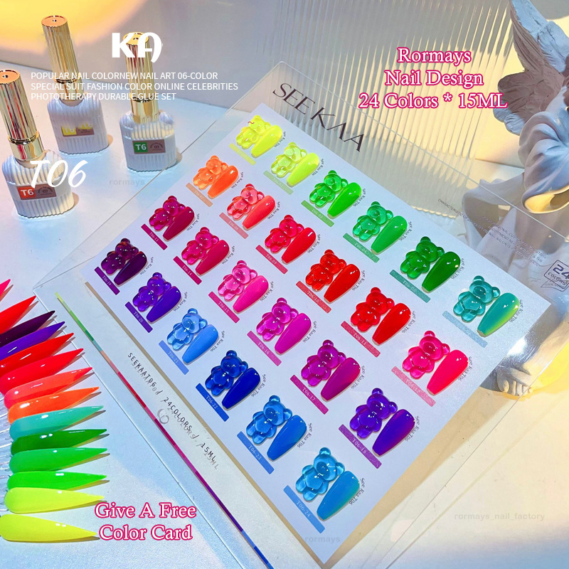 Rormays Neon Fluorescent gel Polishing 24PCS Shiny New Varnish gel Rainbow Semi permanent UV LED Soaking Primer Finish Nail Art Factory Kit 15ML