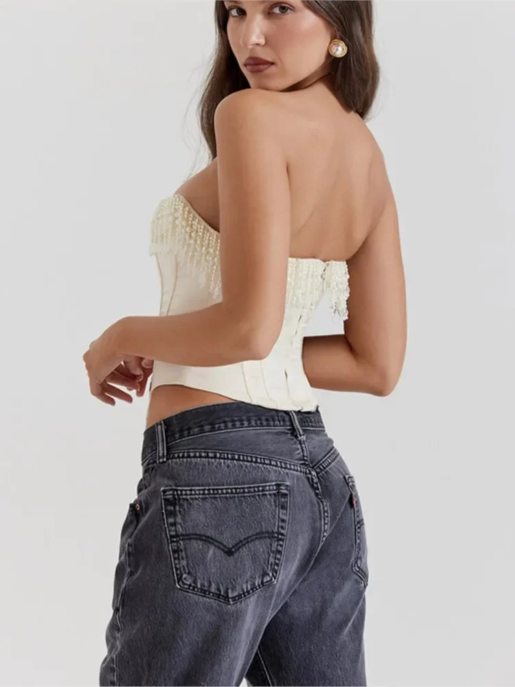 Lady Sexy Beaded Strapless Pleated Skirt 2 Piece Set Women Elegant Sleeveless Bodycon Tops Skirts Female Fashion Beach Suit 240315
