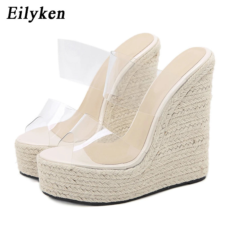 Eilyken Summer PVC Transparent Peep Toe Cane Straw Weave Slippers Platform Wedges Sandals Women Fashion High Heels Female Shoes 240329