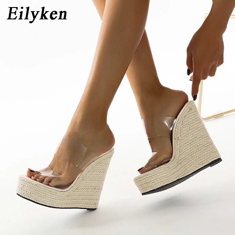 Eilyken Summer PVC Transparent Peep Toe Cane Straw Weave Slippers Platform Wedges Sandals Women Fashion High Heels Female Shoes 240329