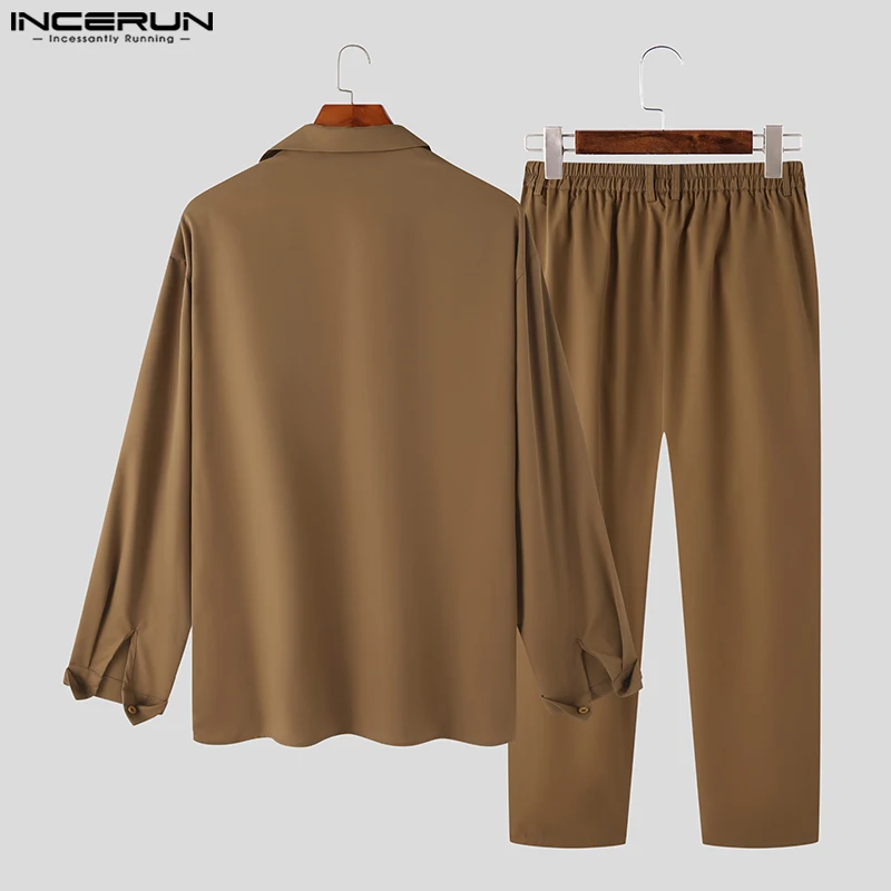 2023 Men 2025 Sets Solid Color Lapel Long Sleeve Pockets Shirt & Straight Pants 2PCS Loose Streetwear Men Casual Suits new 5XL INCERUN 7