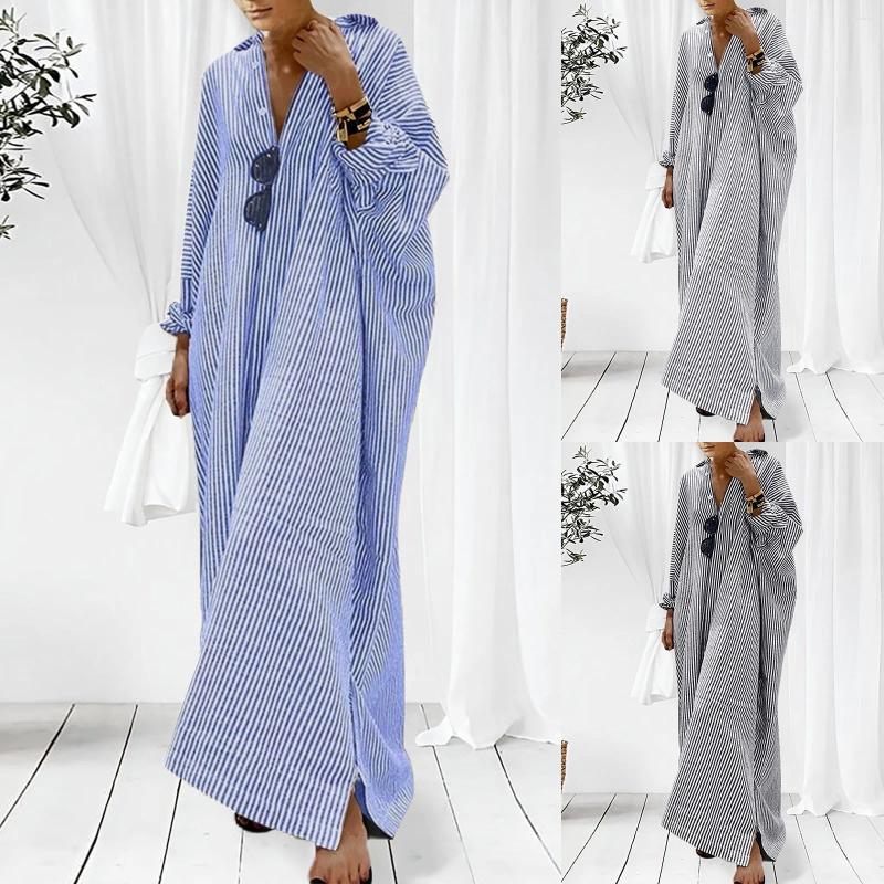 Casual Dresses Summer Striped Print Shirt Dress Long Sleeve Cotton Temperament Commuter Loose Maxi For Women Elegant