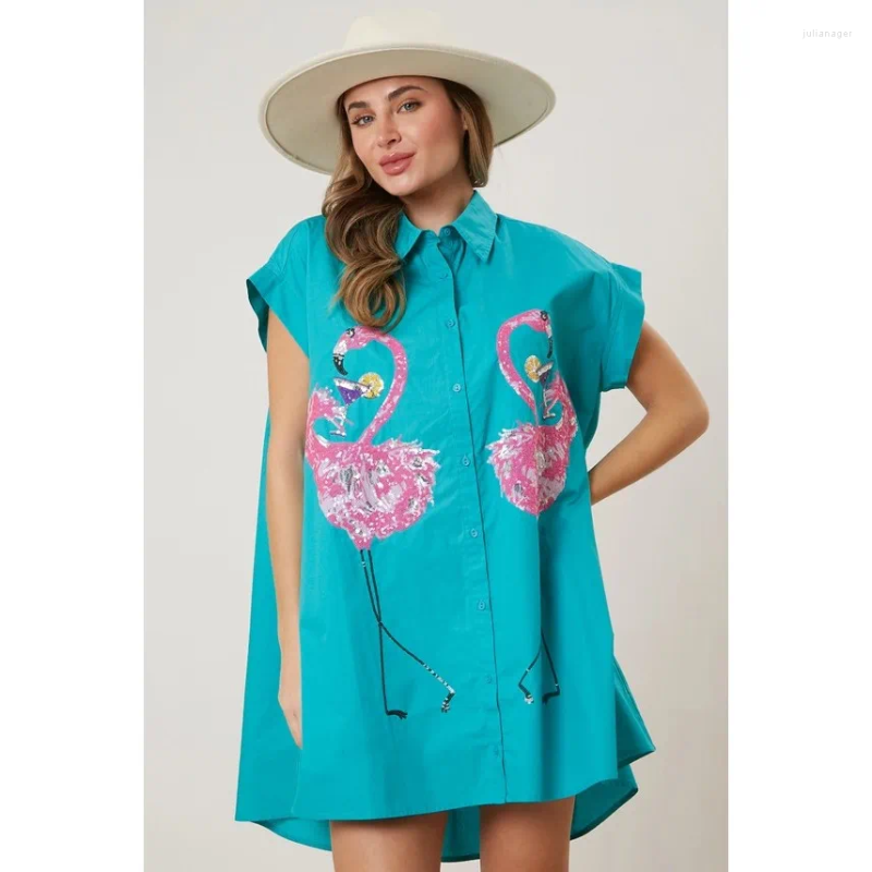Casual Dresses Women A-line Loose Cute Sequin Shirts Dress Retro Vestido Fashion Short Sleeve Mini Blouse Woman Clothes 2024 Summer