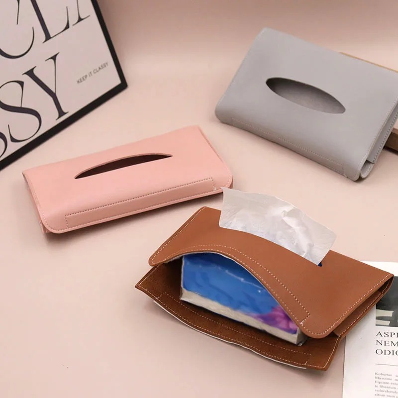 Automotive Tissue Holder, Synthetic Leather Tissue Support, Adjustable Tissue Holder for Sun Visor, Car Tissue Box with Tissue Refill