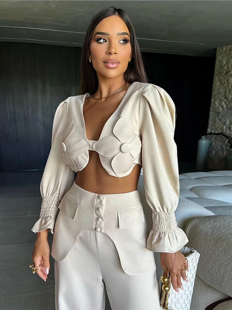 Women Elegant 3d Flower High Waist Wide Leg Pants Suit Chic V Neck Long Flare Sleeves Crop Top Set Female Fashion Outfits 2024 240315