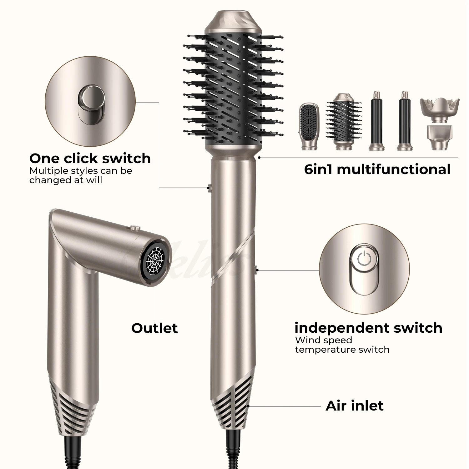 Folding 6 In 1 Hair Dryer Brush Negative Ionic Blower Salon Blow Air Curler Wand Ceramic Curling Iron Styler 240329