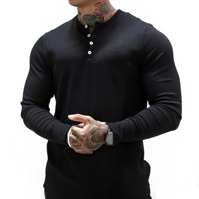 Man Fashion T Shirt Casual Fashion Plain Color Long sleeve High Quality Slim Polo Shirt Men Gym Fitness T-shirt 240319
