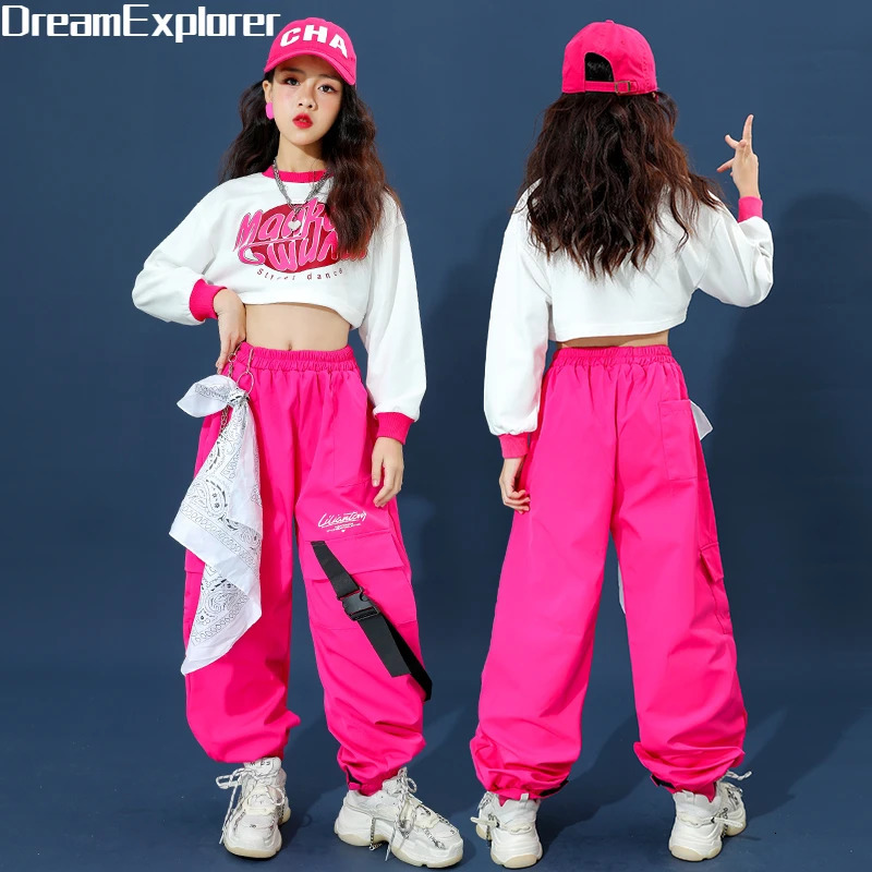 Girls Hip Hop Crop Top Cargo Pants Child Sweatshirt Plaid Skirt Kid Streetwear Jazz Cheerleader Street Dance Costume Clothes Set 240307