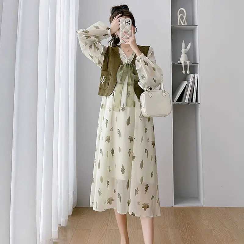 Maternity Dresses Pregnant Womens Chiffon Dress Summer and Autumn Pregnant Womens Dress Printed Flower Dress+Tank Top 2PCS Fashion Pregnant Womens Dre
