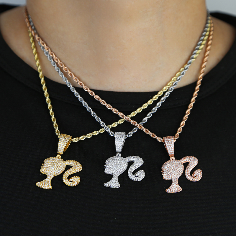 Icy Iced Out Pendant Queen Doll Girl Head Necklace for Women, 2024 Sier Color Charm Fashion Hip Hop Rock Jewelry dh5727163