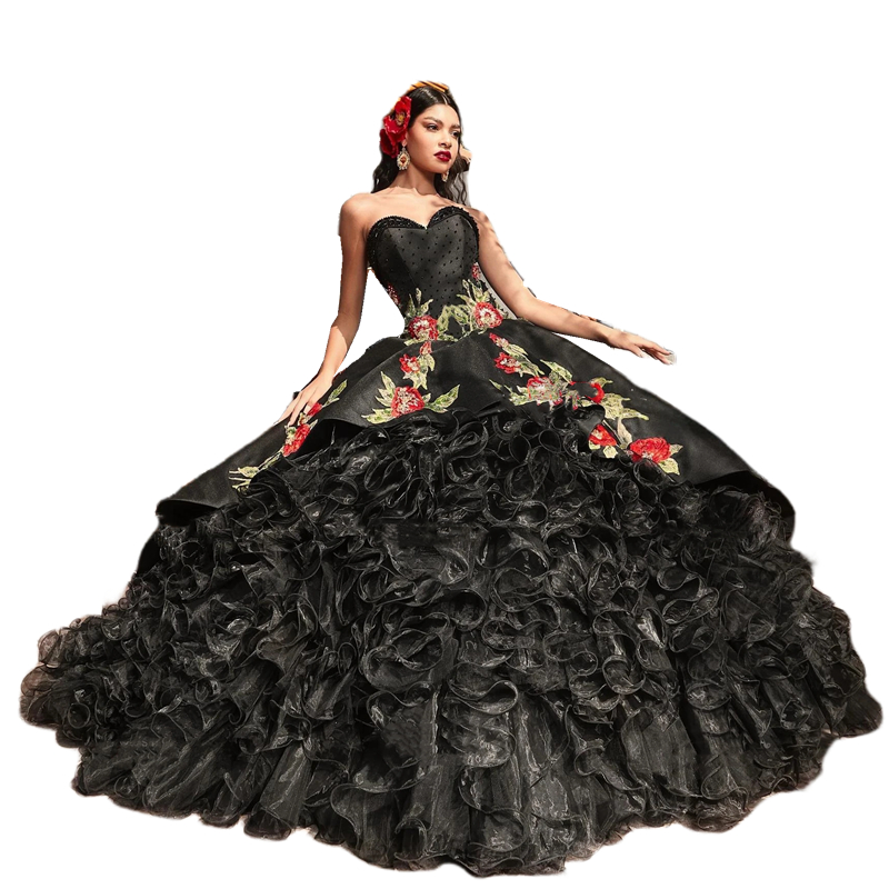 Charro Mexican Black Quinceanera Dresses Embroidery Floral Lace Appliques Beaded Sweetheart Neck Classic Prom Special Occasion Ball Gown Sweet 16 Dres