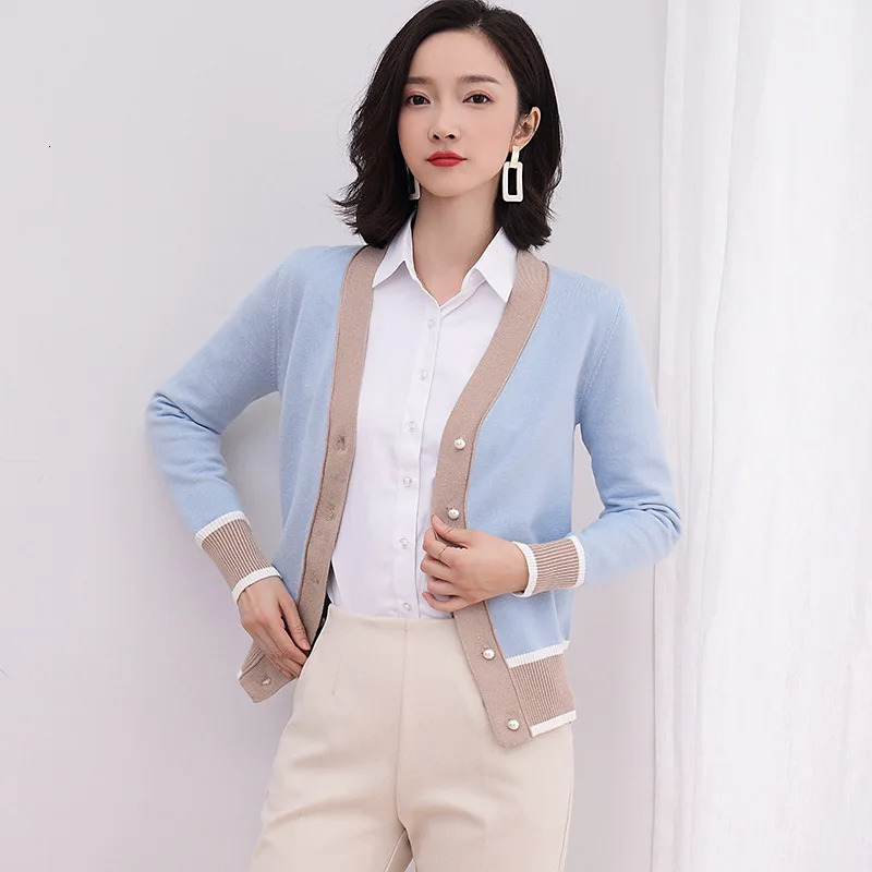 Knitted Cardigan Sweater Spring Women Contrast Color V Neck Long Sleeve Sweater Fashion Cardigan for Female Jumper Outwear 240326