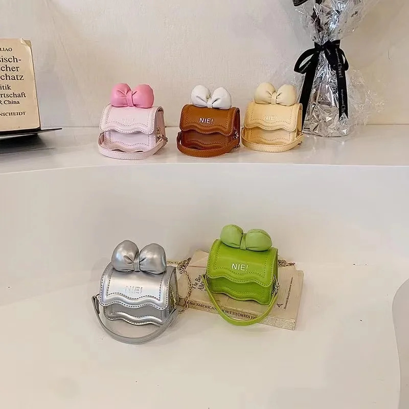 Cute Childrens Handbag for Girls Vintage PU Leather Bow-Knot Messenger Purse Bag Girls Single Strap Crossbody Purse Baby Items 240315