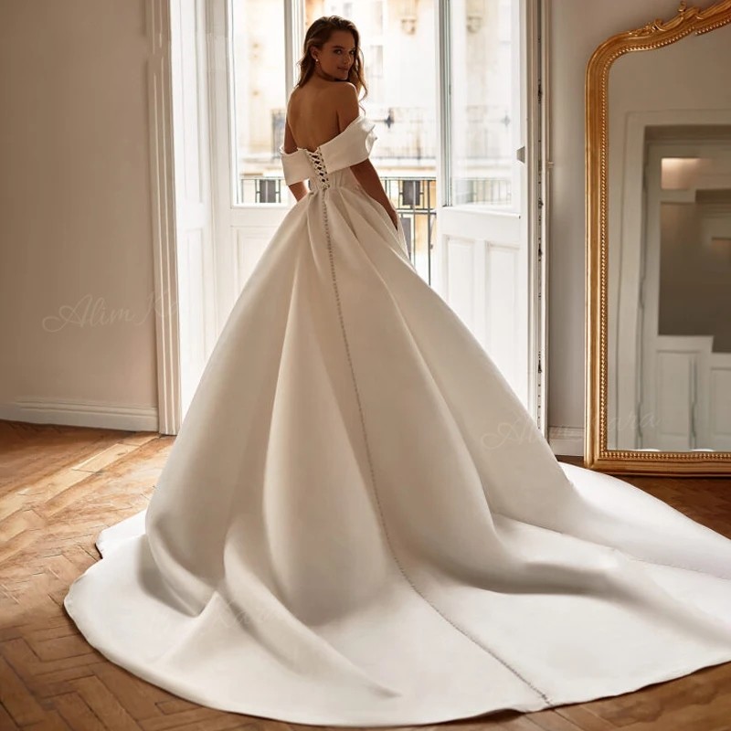2024 Princess A-Line Wedding Dress Women Off the Shoulder Open Back Satin Bridal Bride Gowns Court Train Vestido De Novias