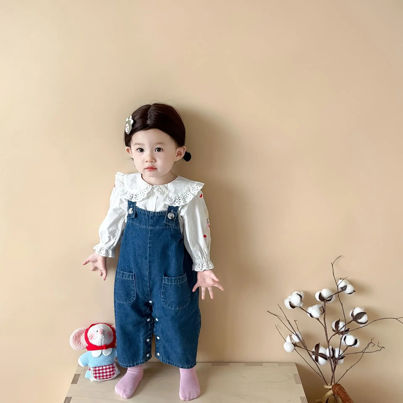 Autumn Baby Girl Sleeveless Denim Jumpsuit Toddler Girl Cute Rabbit Ear Overalls Infant Romper Kids Clothes 0-24M 240308