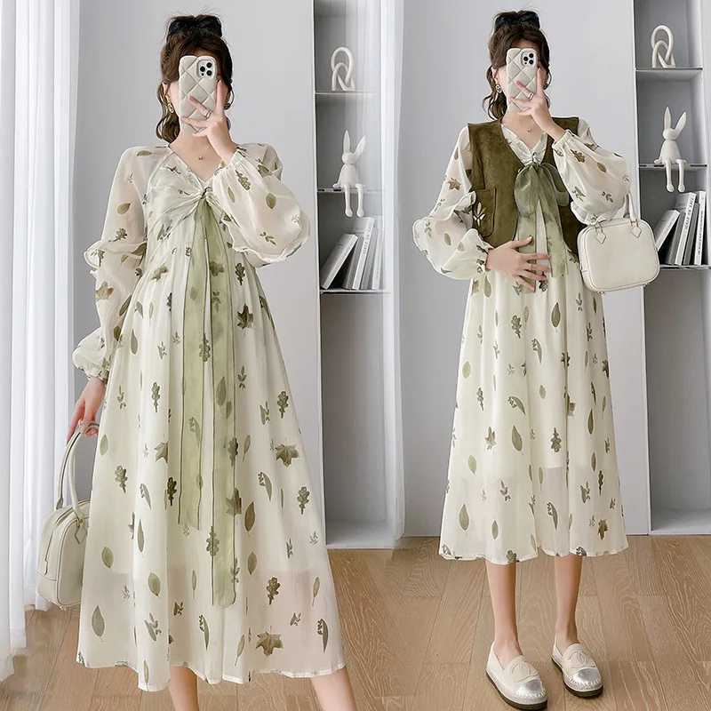Maternity Dresses Pregnant Womens Chiffon Dress Summer and Autumn Pregnant Womens Dress Printed Flower Dress+Tank Top 2PCS Fashion Pregnant Womens Dre