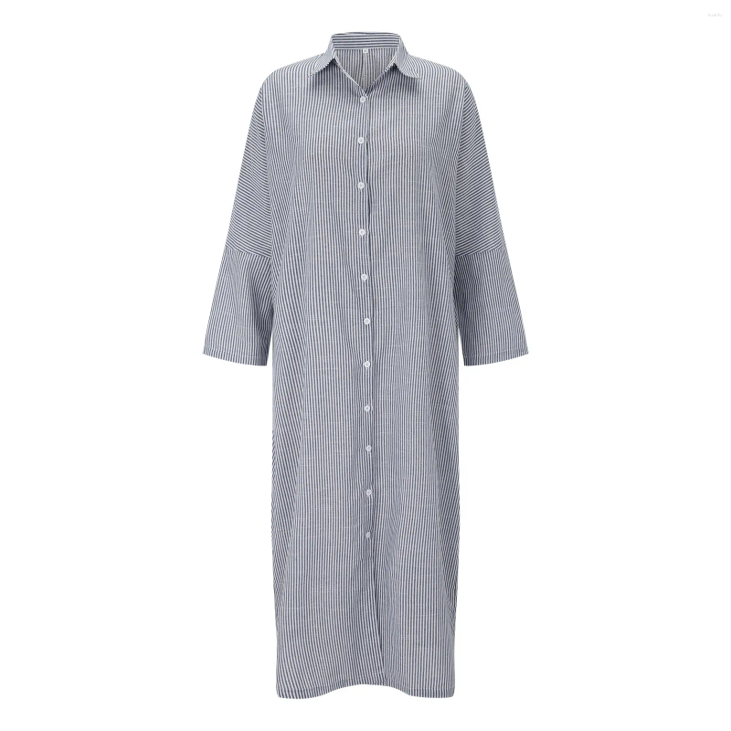 Casual Dresses Summer Striped Print Shirt Dress Long Sleeve Cotton Temperament Commuter Loose Maxi For Women Elegant