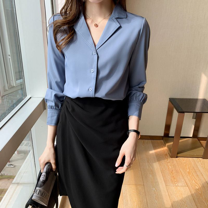 2023 autumn and winter new suit collar commuting blue long sleeved chiffon shirt womens top versatile 210512