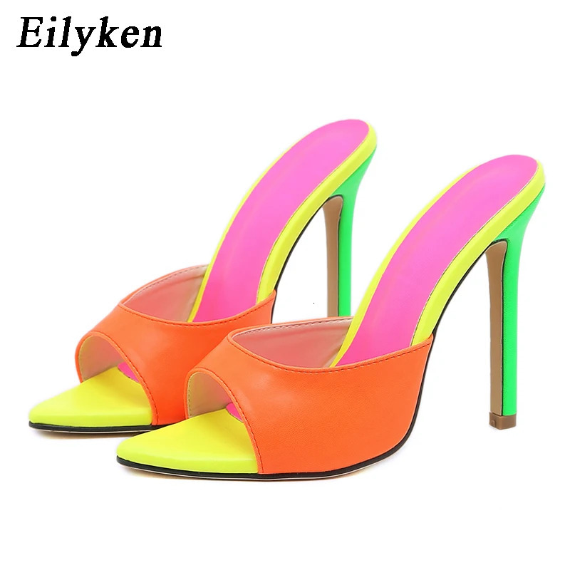 Eilyken Sexy Pointed Toe Mule High Heels Slipper Stripper Summer Fashion Mixed Color Slip On Slides Women Party Sandal Shoes 240329