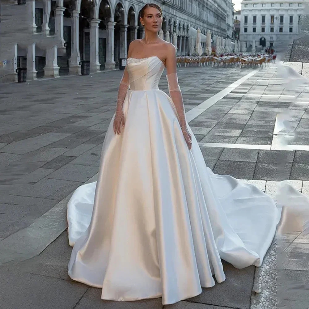2024 Princess A-Line Wedding Dress Strapless Pearls Beading Satin Bridal Bride Gowns Sweep Train Vestido De Novias Robe De Mariage