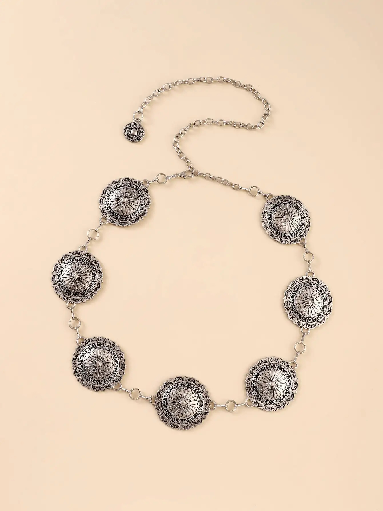 Fashion Antique Silver Alloy Western Floral Circle Conchos Womens Chain Belt 240318