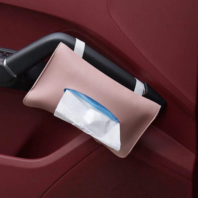 Automotive Tissue Holder, Synthetic Leather Tissue Support, Adjustable Tissue Holder for Sun Visor, Car Tissue Box with Tissue Refill