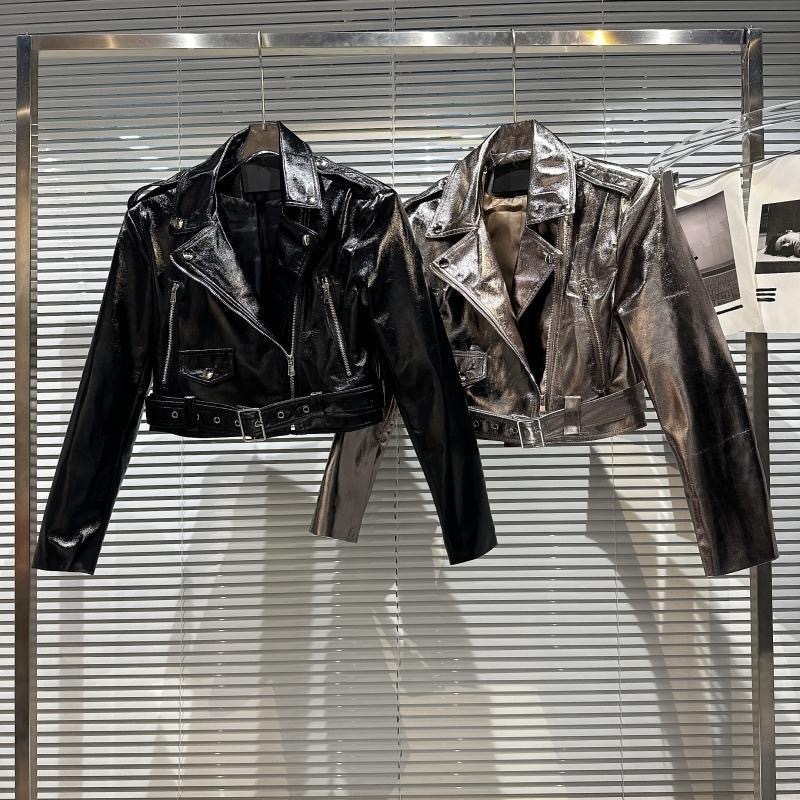 Girls leather jacket 2024 autumn new internet PU leather motorcycle jacket with glossy patent leather short jacket trend 230324